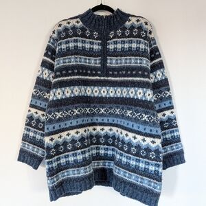 Blue and white Vintage Nordic Fair Isle Wool Blend 1/4 zip Sweater M